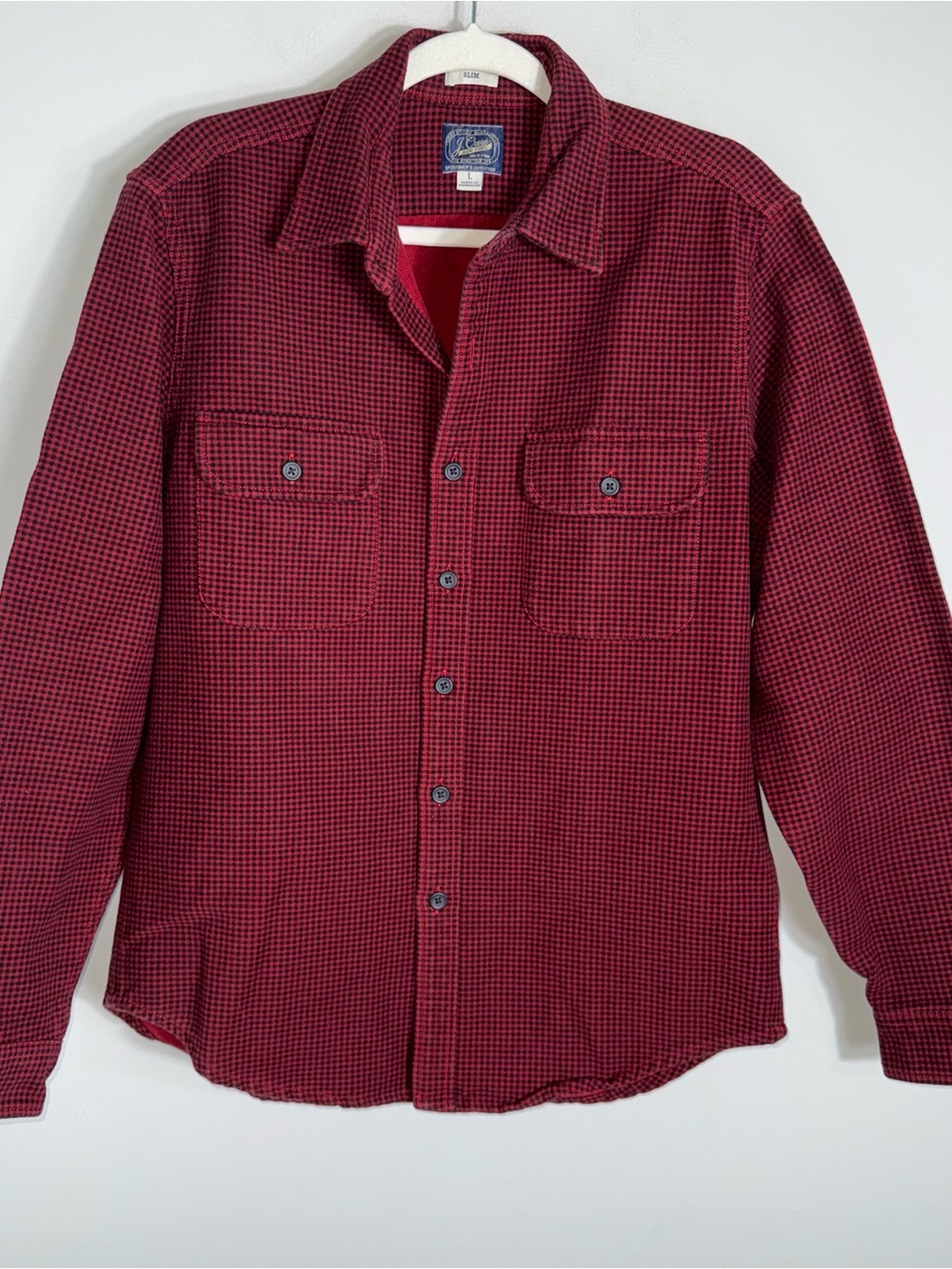 J Crew Men's Slim Fit Heavyweight Work Shirt Shacket Jacket-Red Black-Large